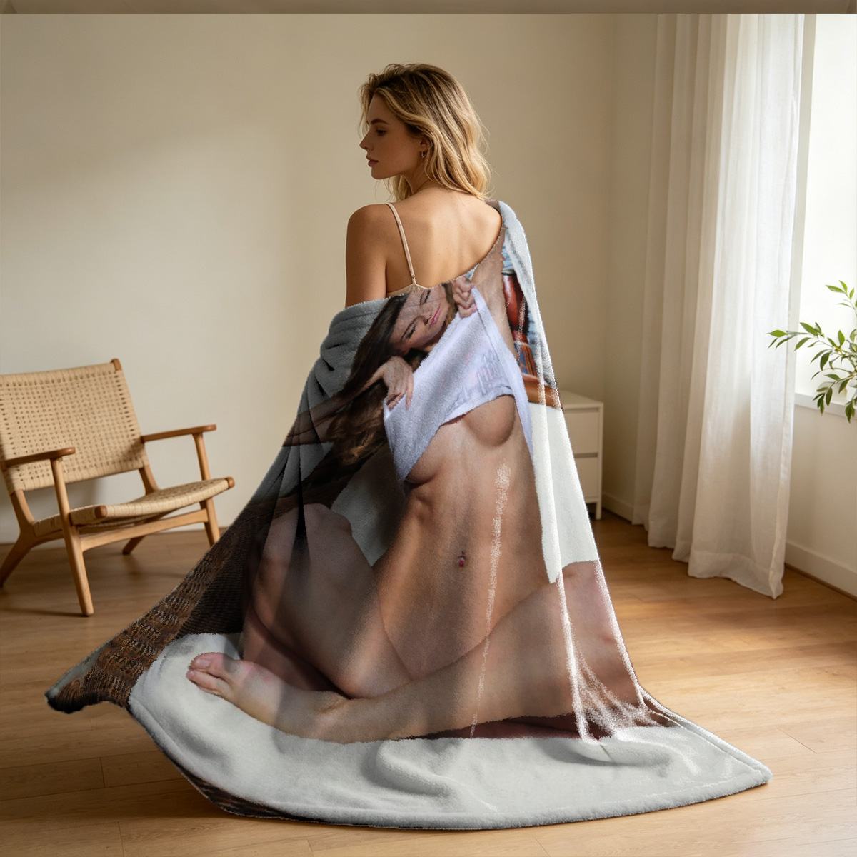 Nude woman with long blonde hair covering her breasts in a forest setting - Blanket