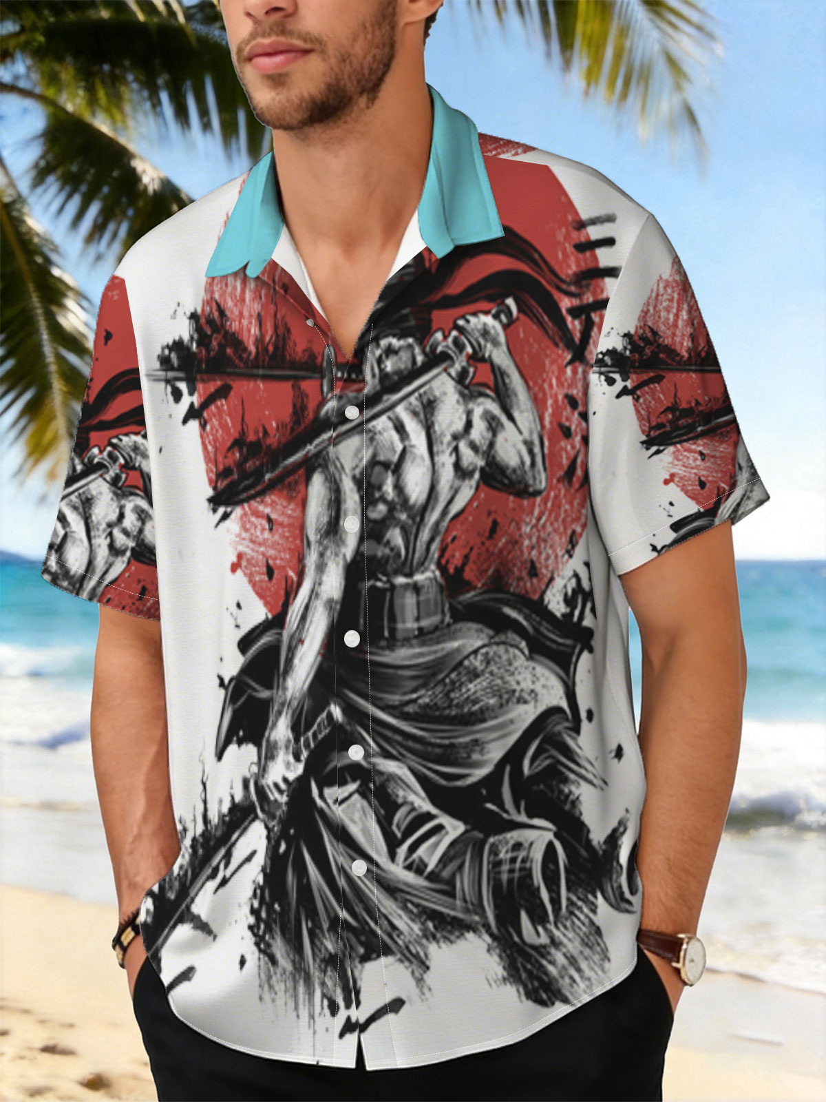 Samurai Warrior with Three Swords Against Red Sun Background -  Shirt