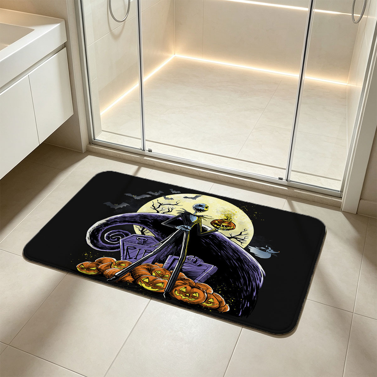 Jack Skellington from The Nightmare Before Christmas stands atop pumpkins with a full moon and bats in the background. - Flannel floor mat