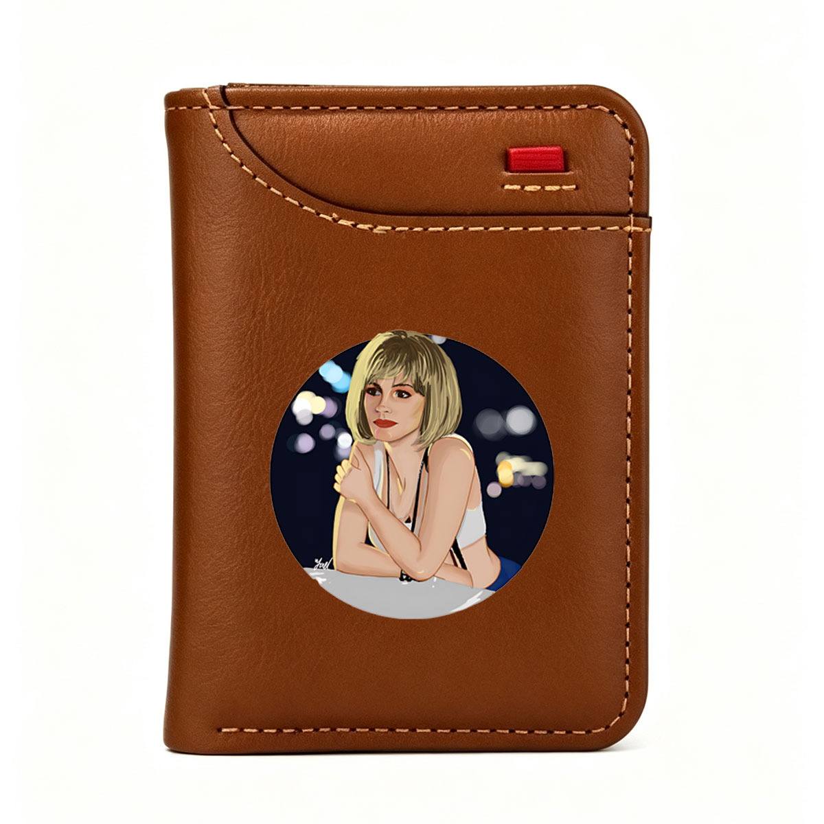 Miley Cyrus in a stylish pose with a cityscape background - Vertical Style Wallet