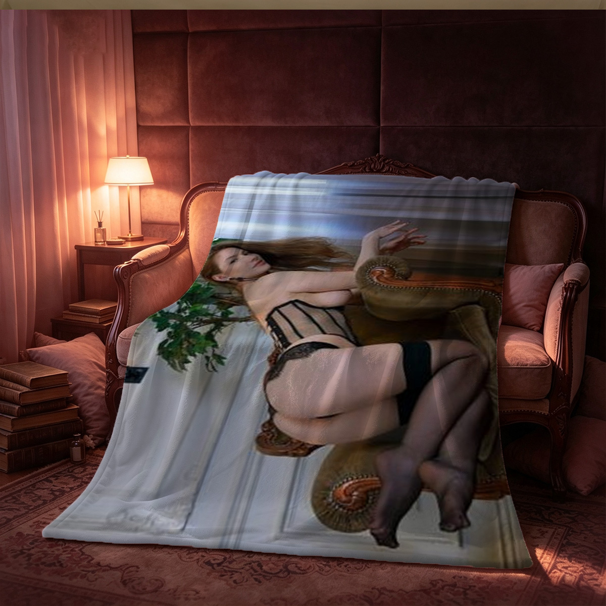 Nude Kate Winslet on all fours with orange pillows - Blanket