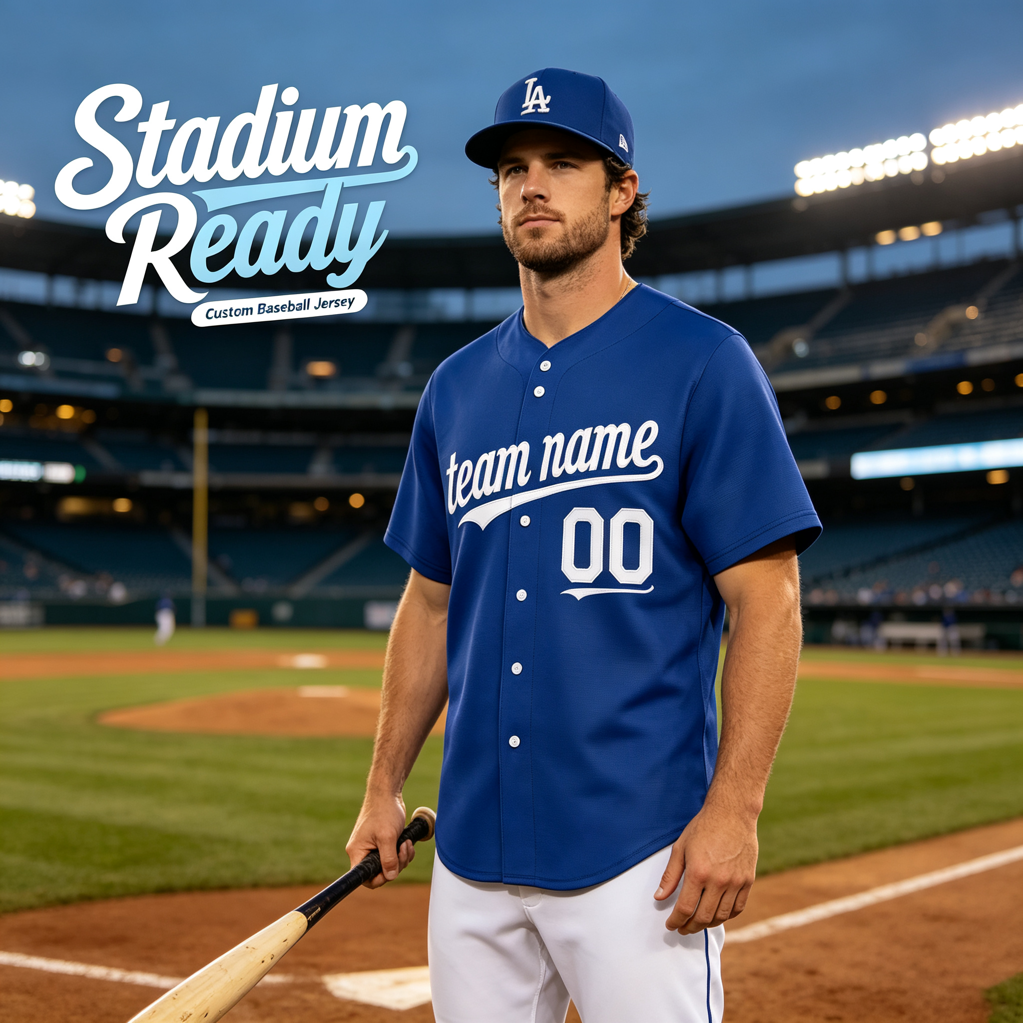 Custom Printed Kansas City Style Baseball Jersey Royal Blue White Trim Button Down Shirt for Men and Women