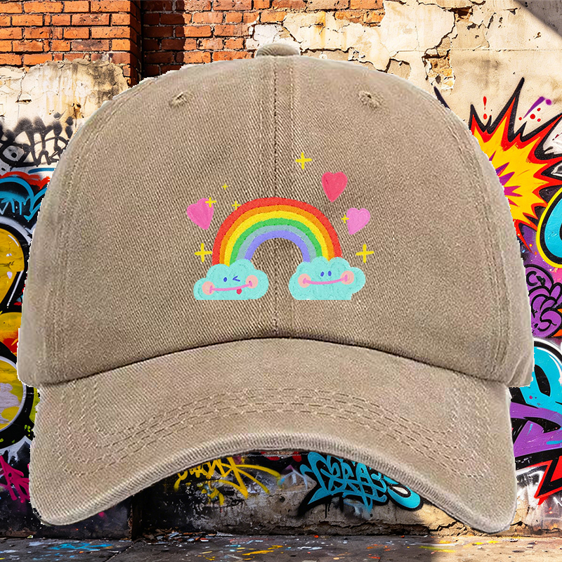 Men's Printed Washed Cap with Rainbow Clouds and Hearts Design - Casual Round Brim Summer Lightweight Hat for Outdoor Activities, Travel, and Daily Wear - Ideal for Young Adults and Trendy Urban Style Lovers