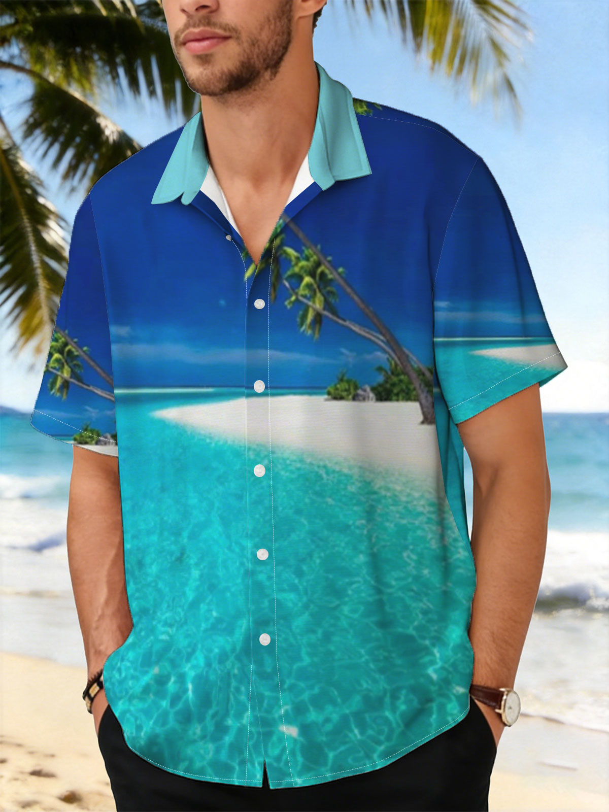 Serene tropical beach with crystal clear turquoise water and leaning palm trees under a vibrant blue sky. -  Shirt