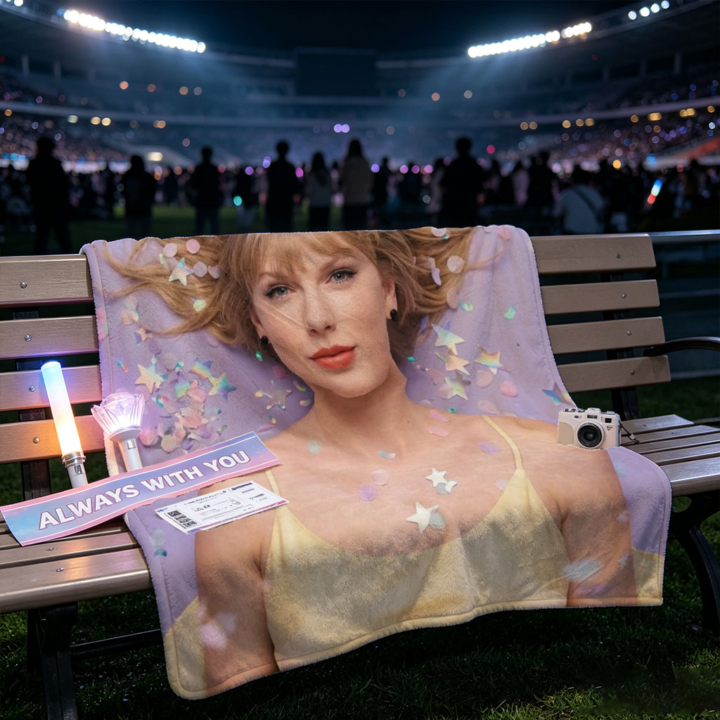Taylor Swift Lying on Purple Background with Confetti and Stars Around Her Hair - Blankets