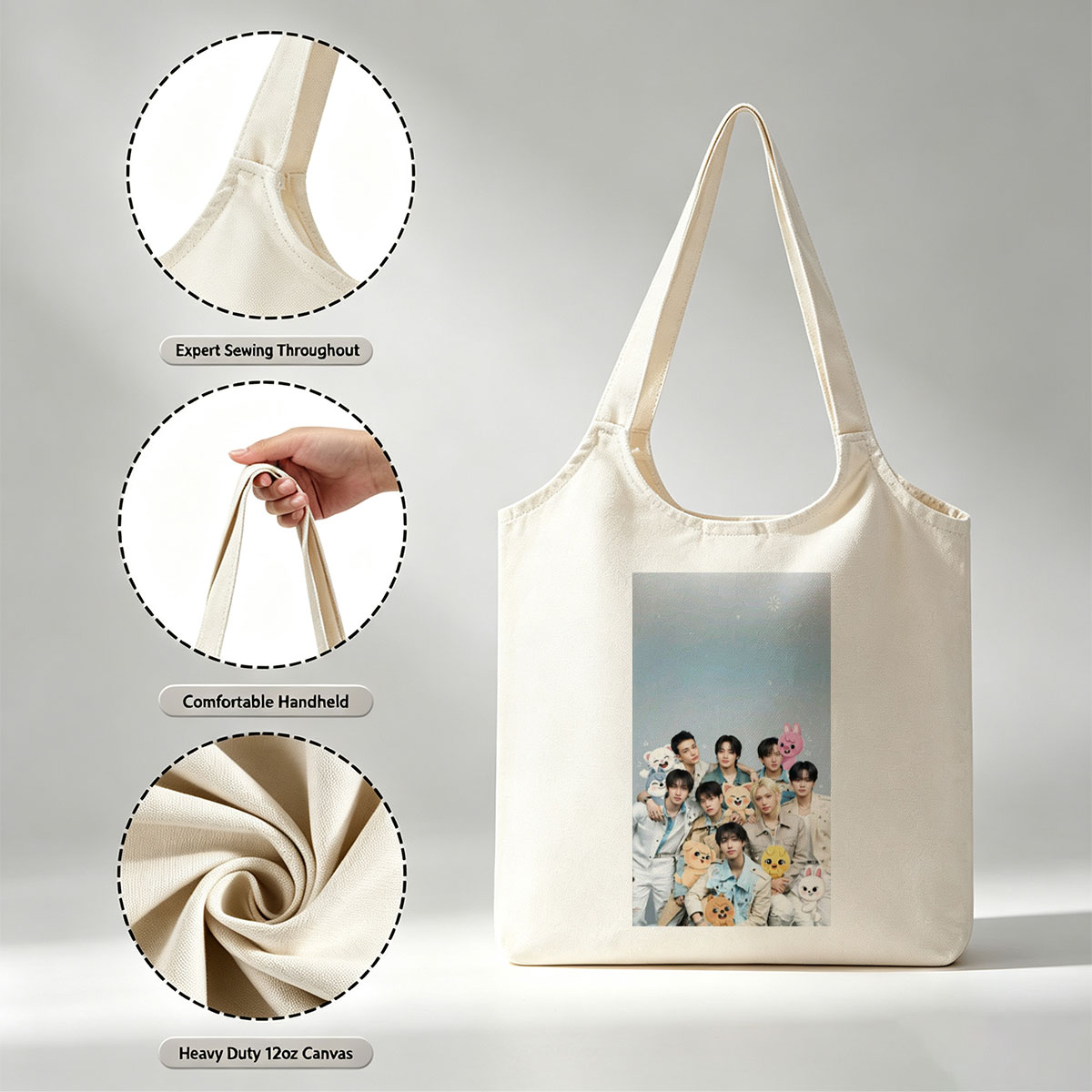 Stray Kids Group Photo with Cute Animal Plushies in a Starry Sky Background - Canvas shoulder bags/