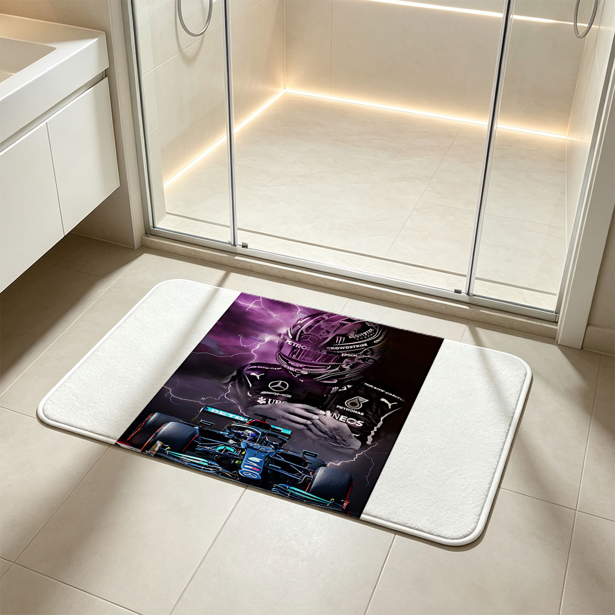 Lewis Hamilton, Mercedes-AMG Petronas F1 Driver, in Action with Lightning Background - Flannel floor mat