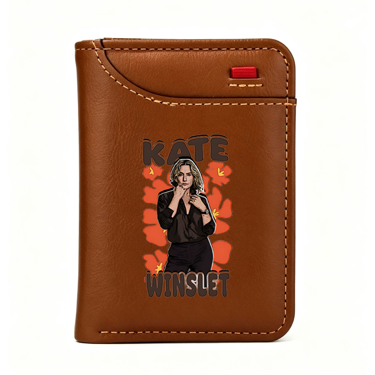 Kate Winslet in a stylish black outfit with floral background - Vertical Style Wallet