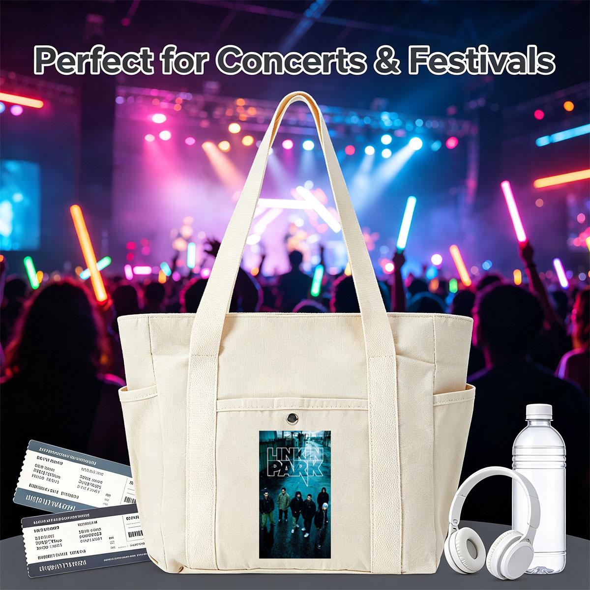Linkin Park Band Standing in a Rainy Industrial Alleyway with Bold Logo Overlay - Multi-pocket bags