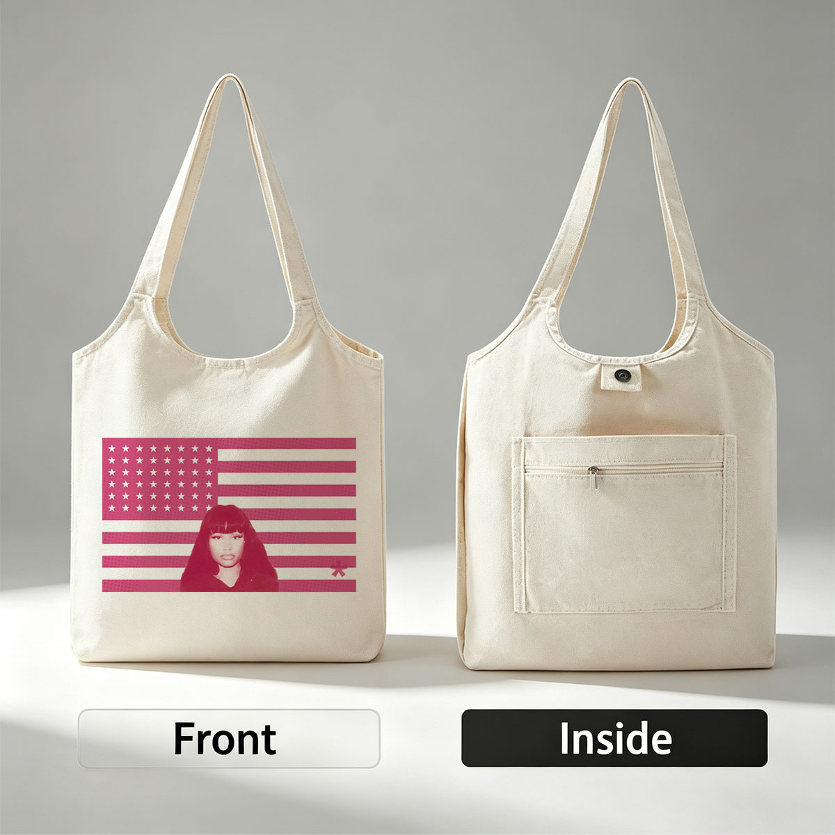 Nicki Minaj in Front of Pink American Flag Background - Canvas shoulder bags/
