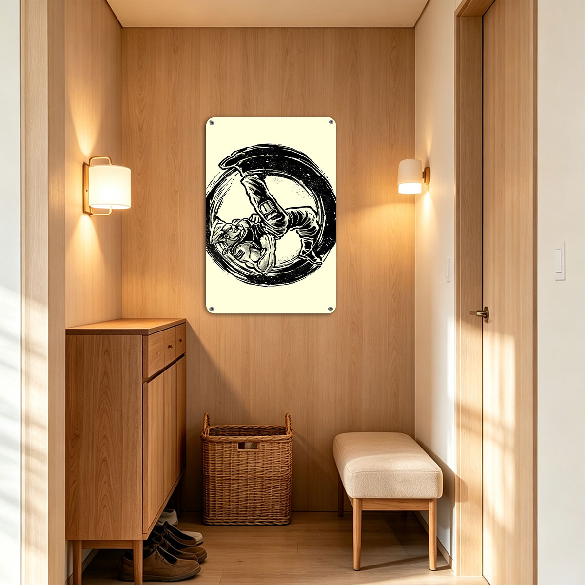 Samurai Warrior in Dynamic Combat Pose within Circular Frame - painting