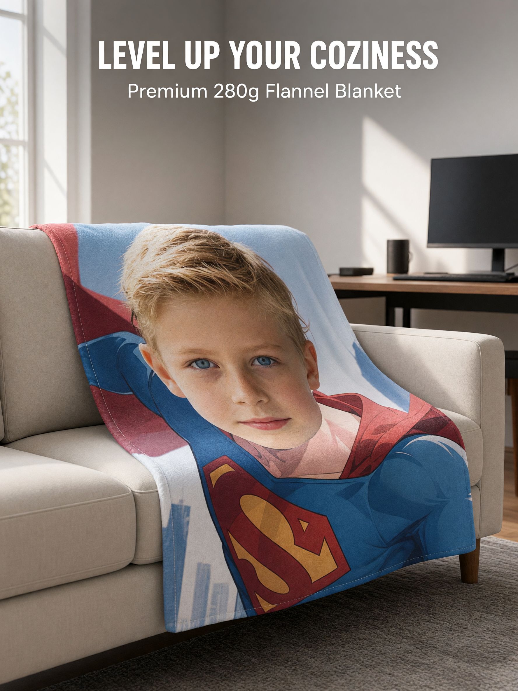 Custom Photo Superhero Flannel Fleece Blanket Personalized Face Portrait Throw Soft Warm Anti-Pilling Keepsake Gift for