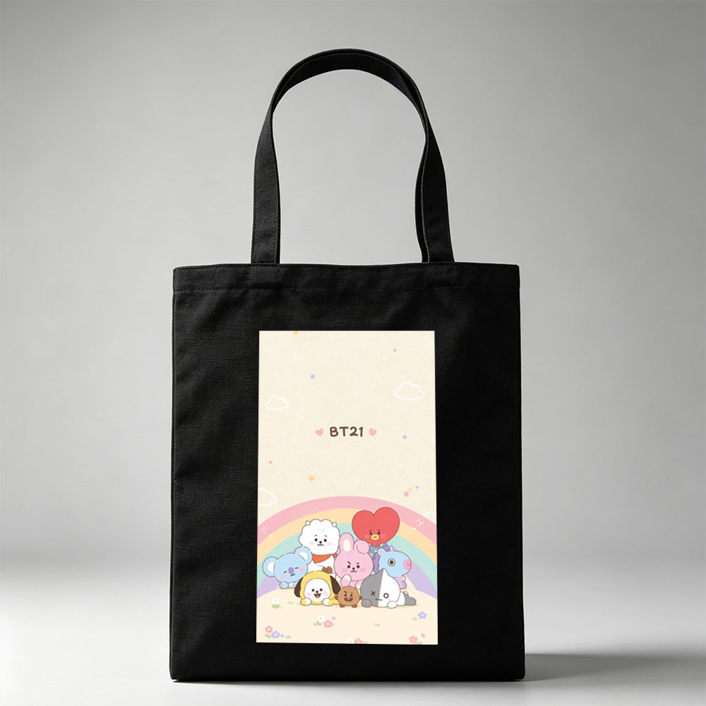 BT21 Characters Gathering Under a Rainbow in a Cute Pastel Scene - Canvas tote bags
