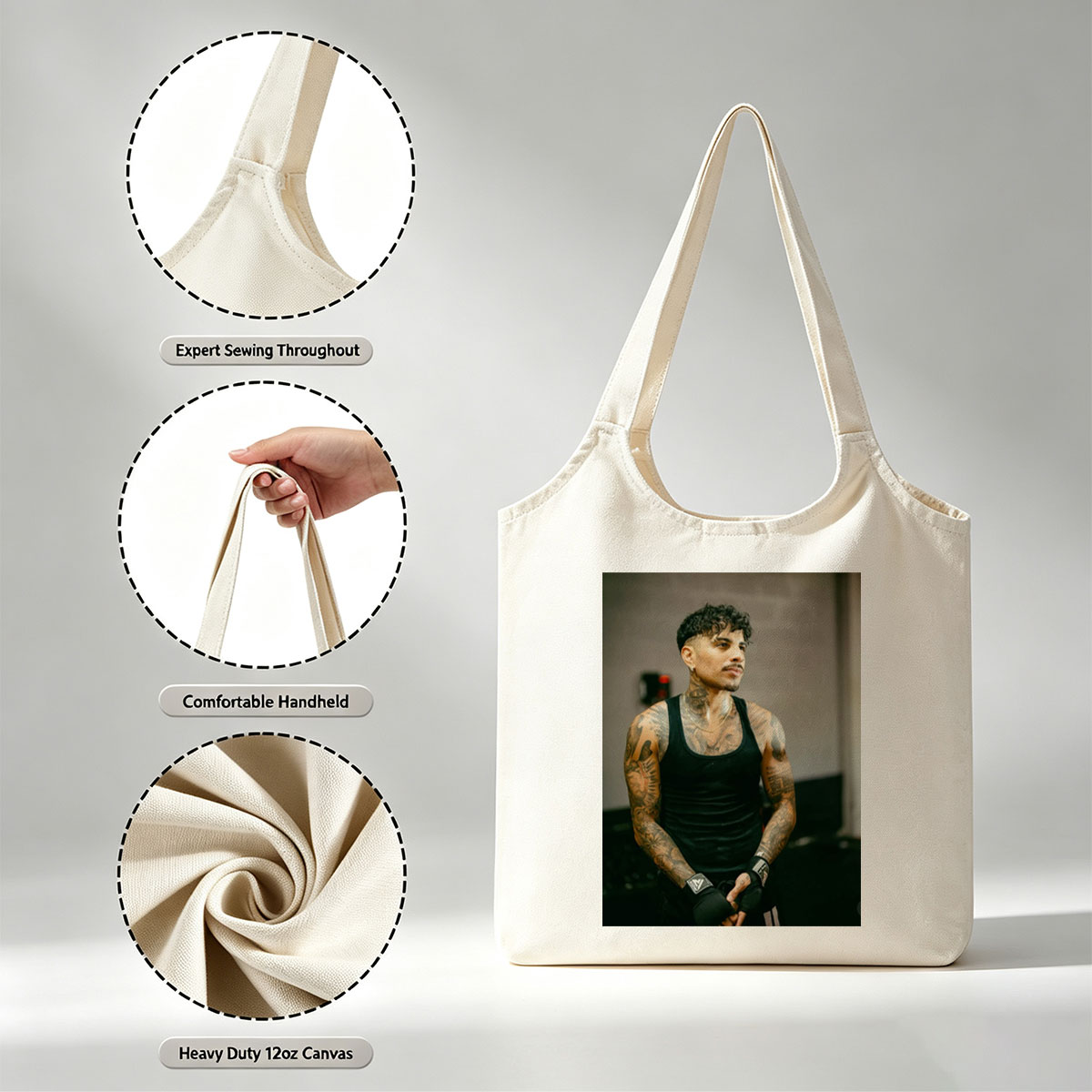 Bad Bunny in Workout Gear with Tattoos and Boxing Wraps - Canvas shoulder bags/