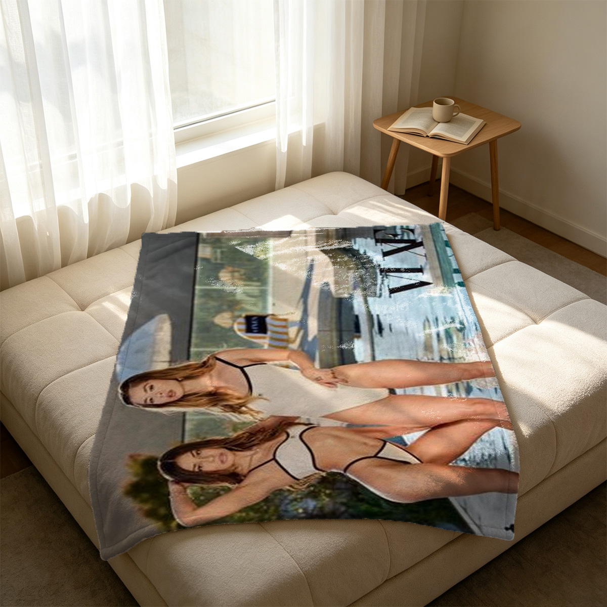 Blonde Woman in White Lingerie Standing in Elegant Library Room - Blanket