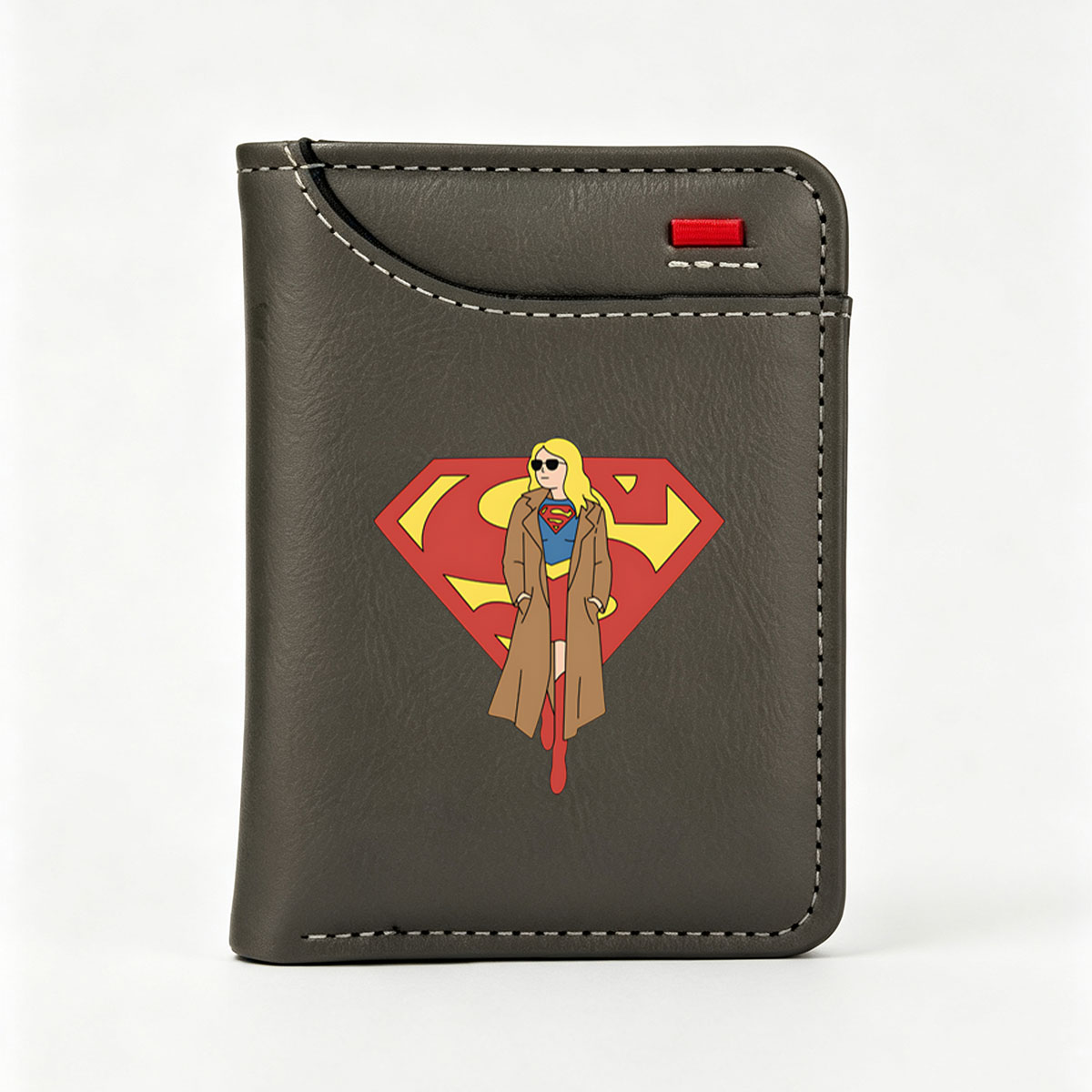 Supergirl in a Brown Coat with Superman Logo Background - Vertical Style Wallet