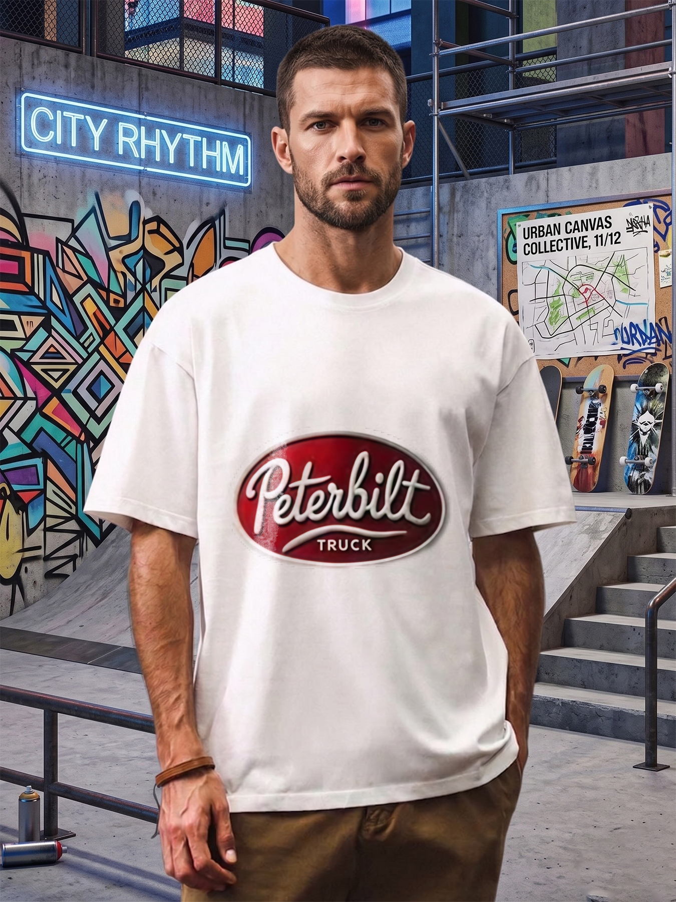 Men's Peterbilt Truck Logo Print T-Shirt Casual Round Neck Lightweight Breathable Summer Short Sleeve Tee for Truck Drivers and Automotive Enthusiasts