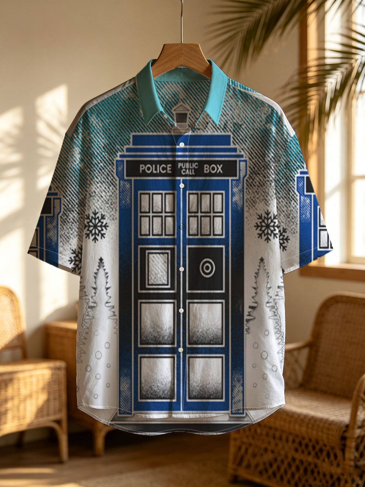 TARDIS in Winter Wonderland: Police Box Amid Snowy Pines -  Shirt