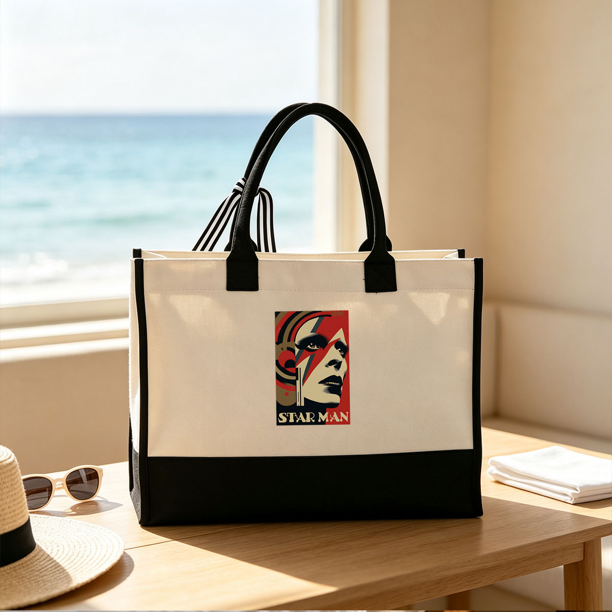 David Bowie as Starman, iconic Ziggy Stardust persona with bold red lightning bolt makeup and striking artistic design. - Canvas patchwork gift tote bag