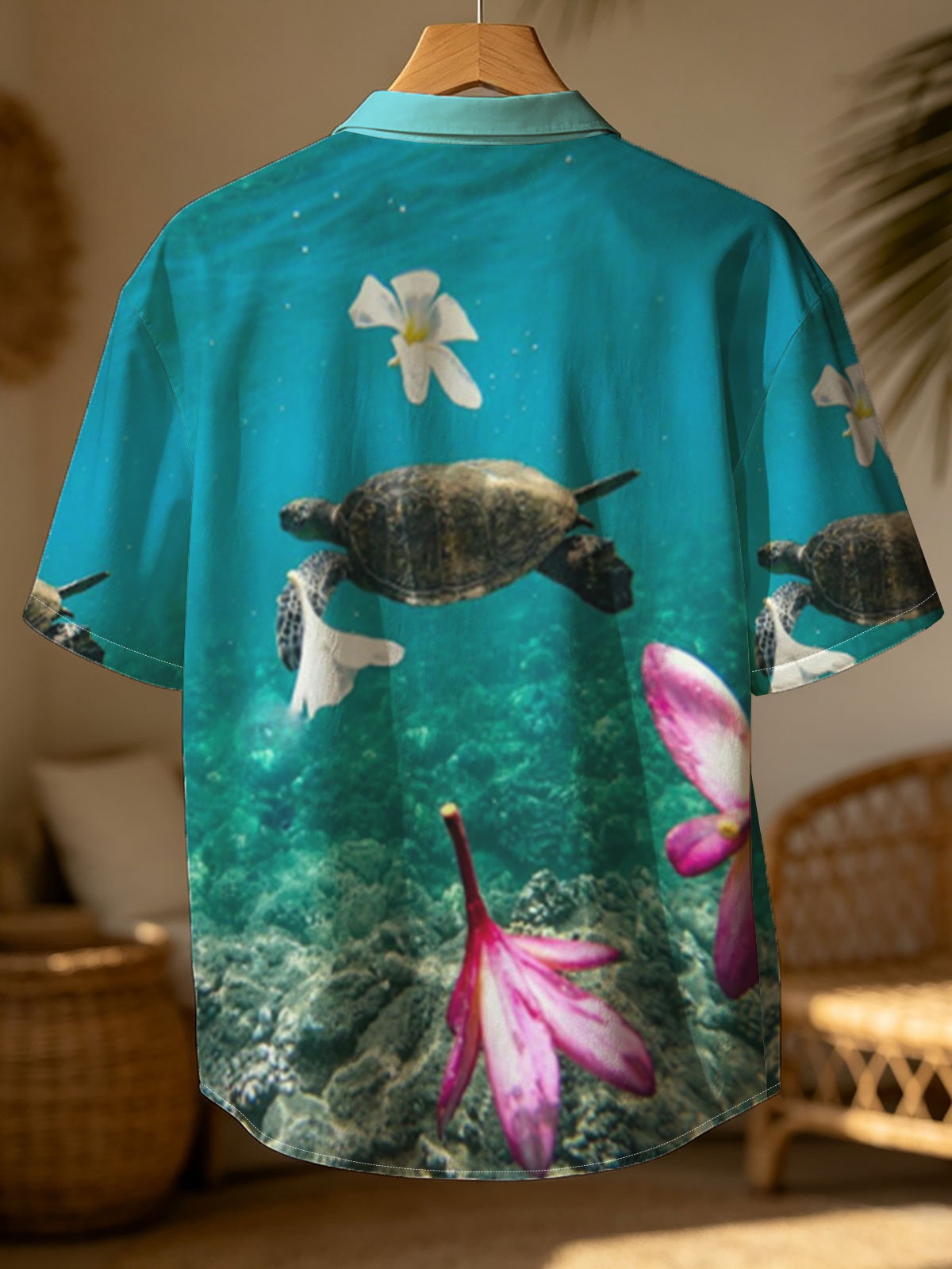 Sea Turtle Swimming Among Floating Flowers Underwater -  Shirt