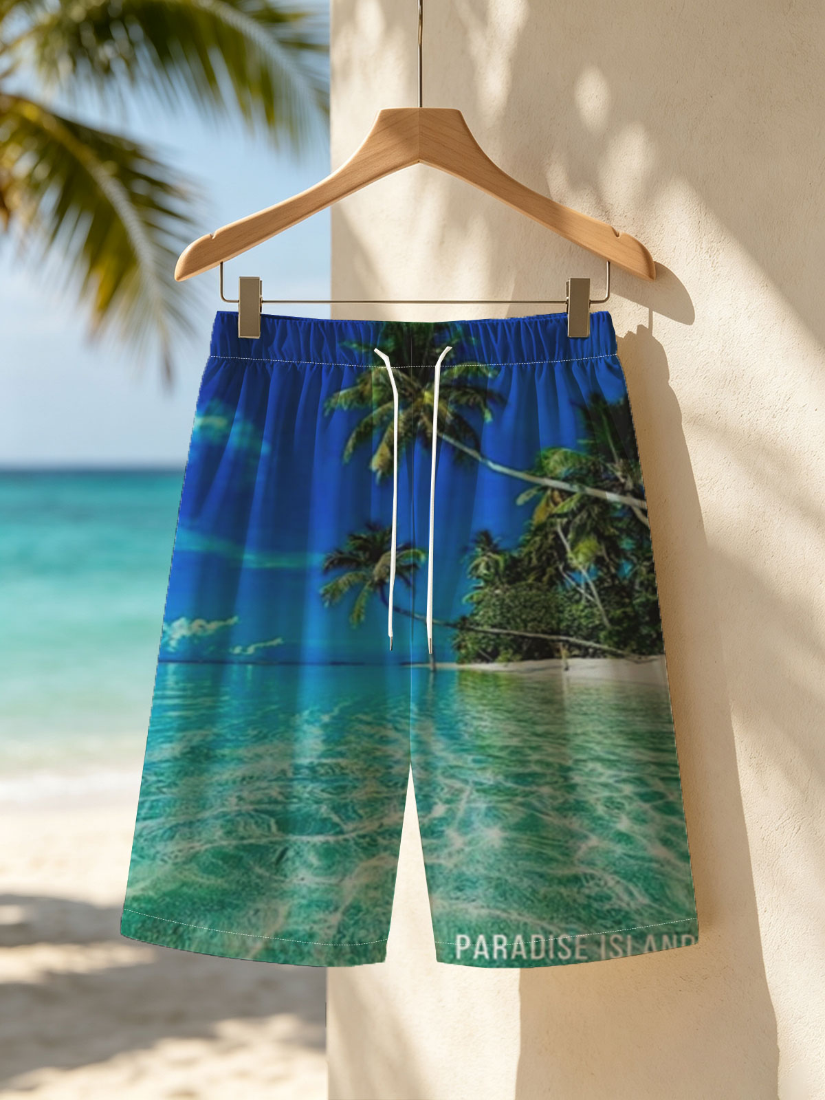 Crystal clear waters and swaying palms on a tropical paradise island under a vibrant blue sky. -  Beach shorts