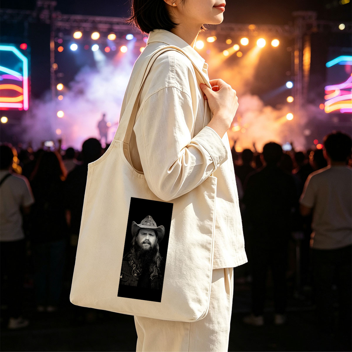Chris Stapleton in a Cowboy Hat and Denim Jacket - Black and White Portrait - Canvas shoulder bags/