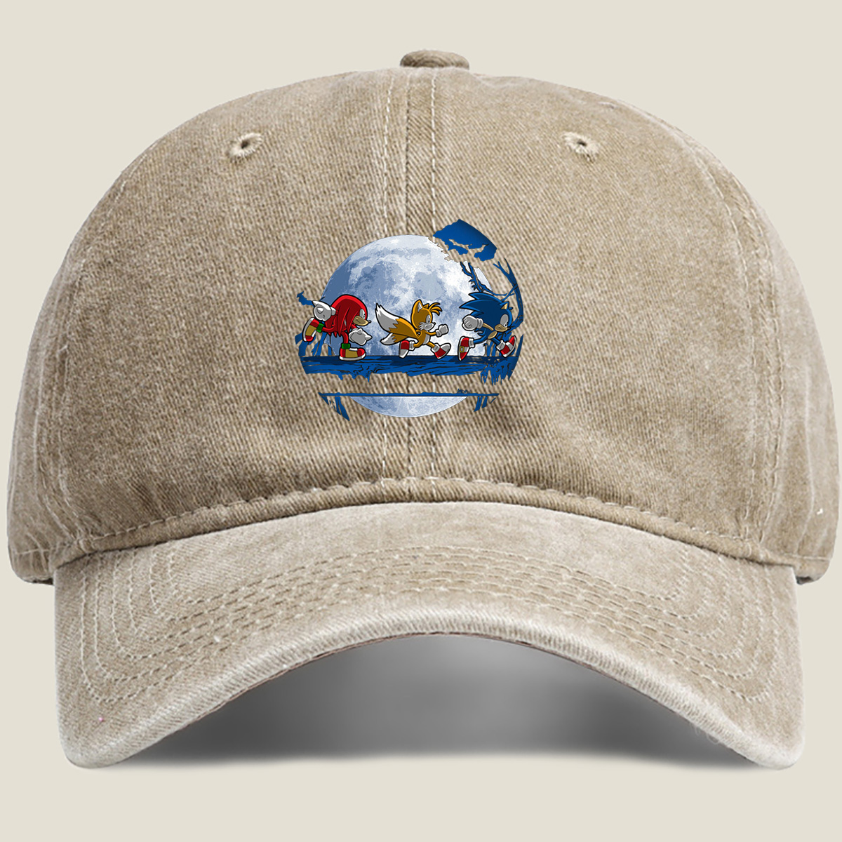 Sonic, Tails, and Knuckles Running Under the Moon - Washed Denim - Baseball Cap