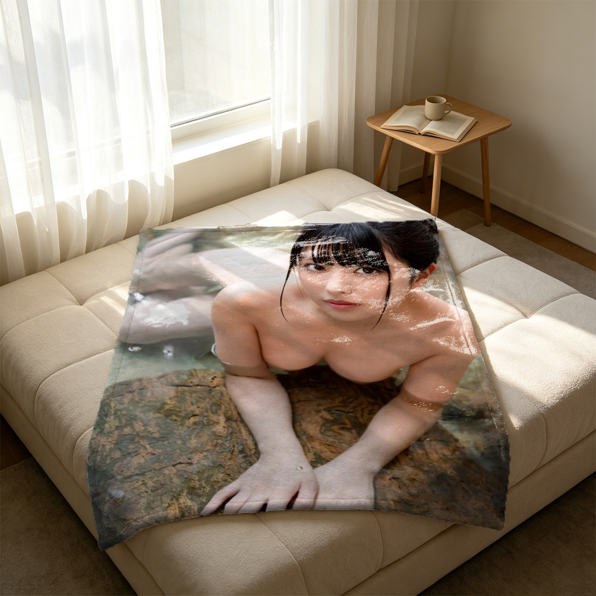 Nude brunette posing on chair in retro room - Blanket