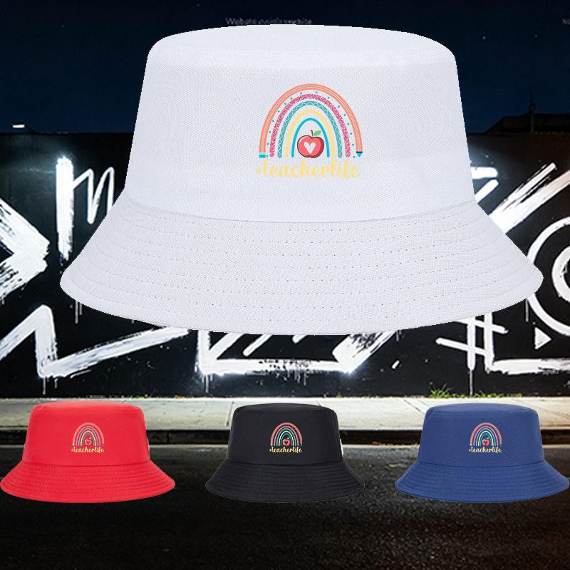 Unisex Bucket Hat with Rainbow Apple Print and #teacherlife Text – Classic Adjustable Sun Hat for Teachers, Outdoor Activities, and School Events – Perfect Gift for Educators and Teaching Professionals