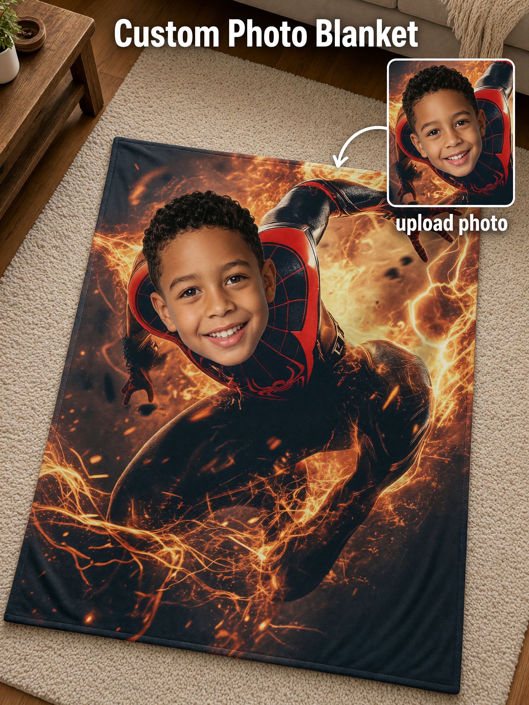 Personalized Face Superhero Flannel Blanket, Custom Photo Action Hero Plush Throw, Ideal Cozy Gift for Kids and Family