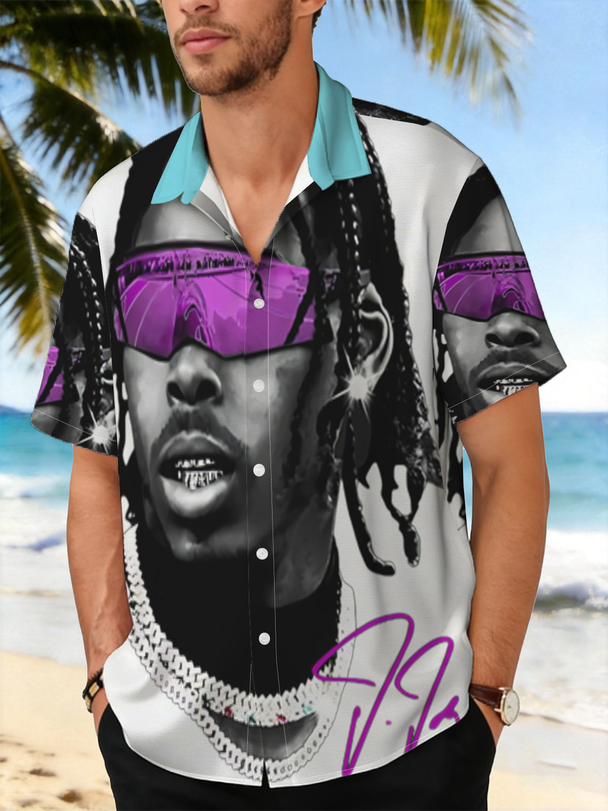 Lil Durk in Purple Sunglasses and Chain Necklace -  Shirt