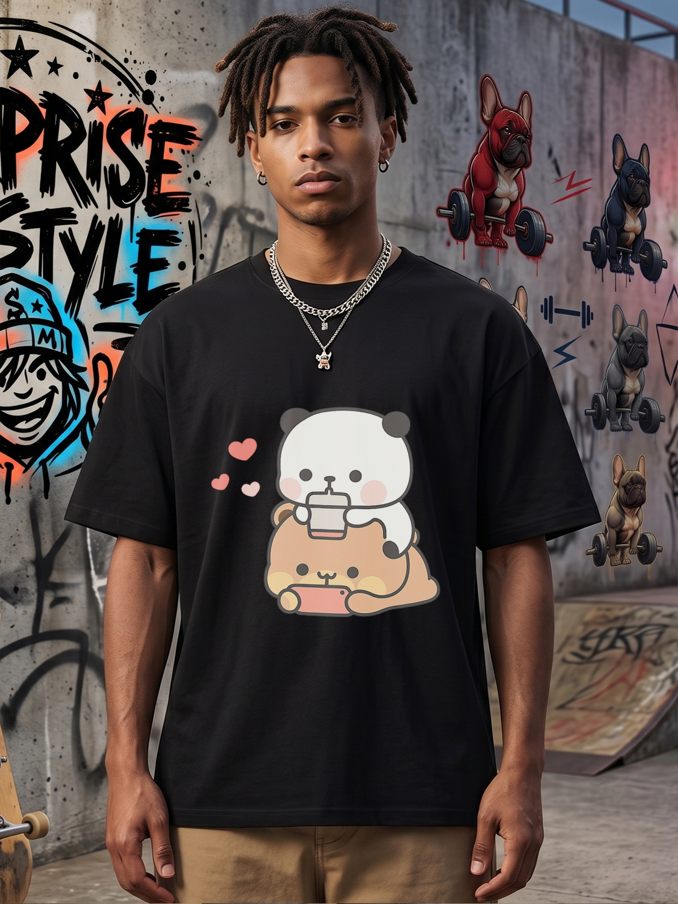 Men's Printed T-Shirt Featuring Cute Panda and Bear with Coffee and Phone Design, Casual Round Neck Lightweight Breathable Summer Short Sleeve Tee for Daily Wear, Office, Travel, and Leisure, Perfect for Young Adults and Trendy Men