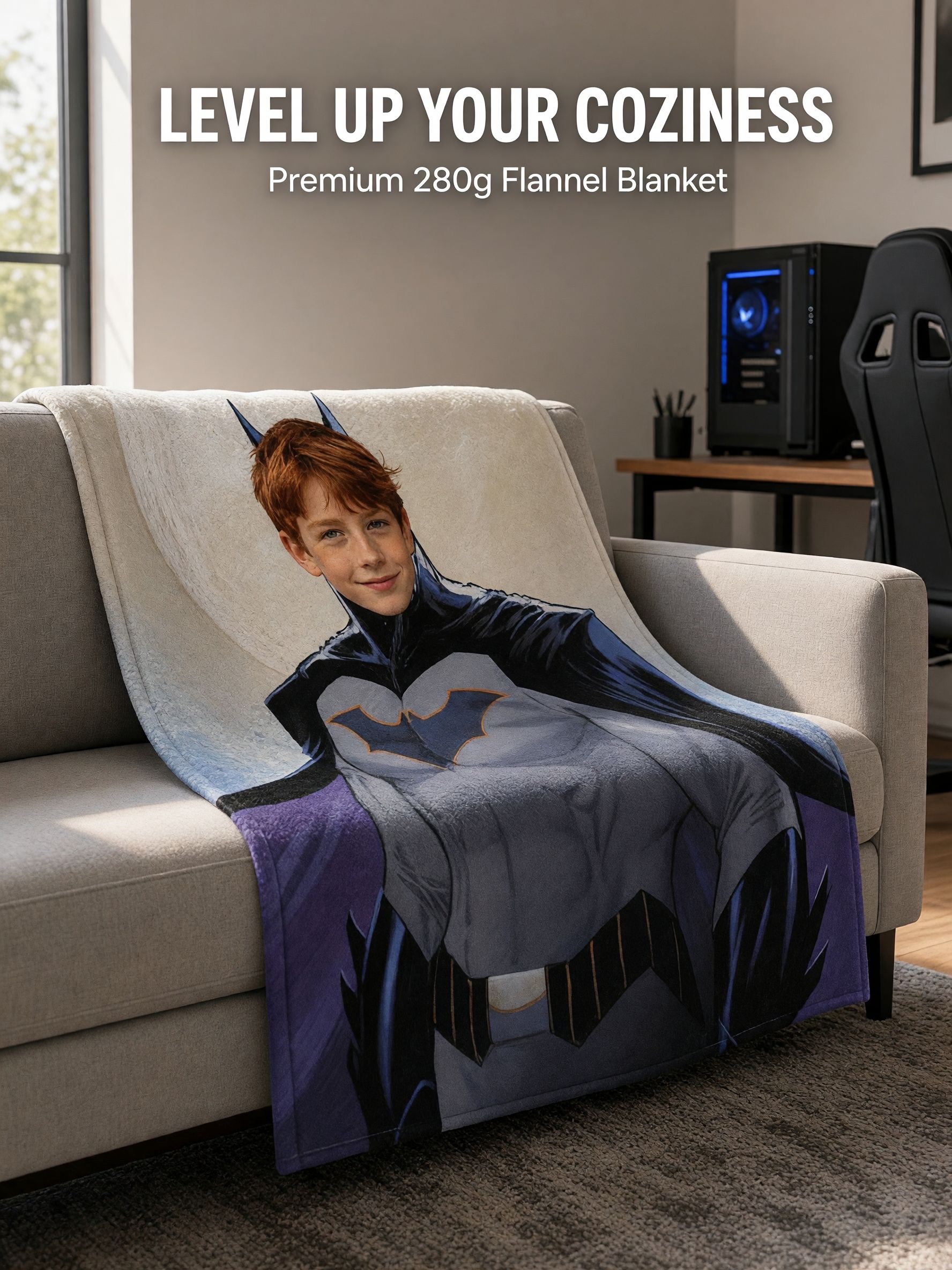 Personalized Superhero Face Photo Blanket, Custom Ultra Soft Flannel Throw Fleece Bedding Wrap, Ideal Cozy Gift for Kids