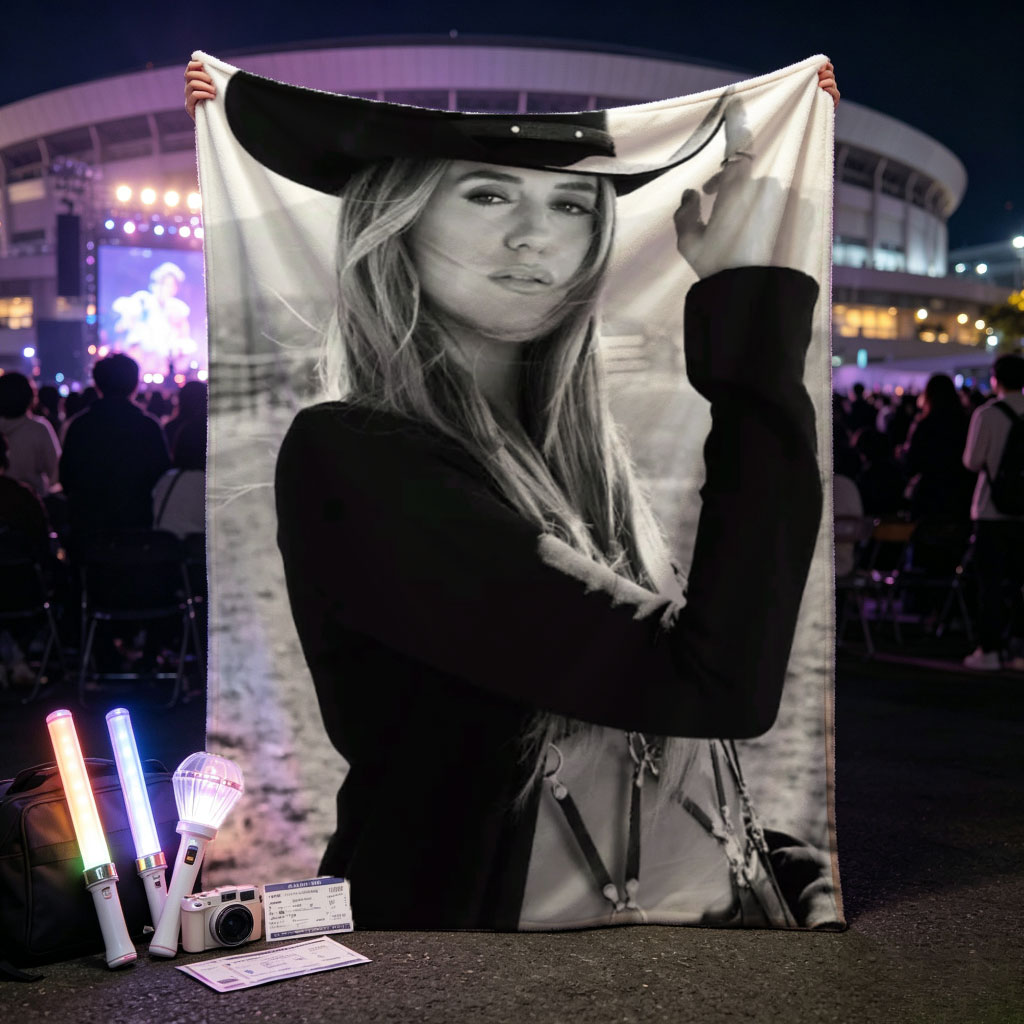 Maren Morris in Cowboy Hat Outdoors Black and White Portrait - Blankets