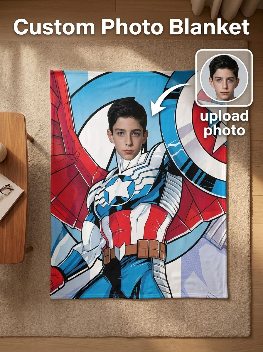 Custom Superhero Photo Fleece Blanket Personalized Face Portrait Throw for Kids and Adults Cozy Birthday Gift