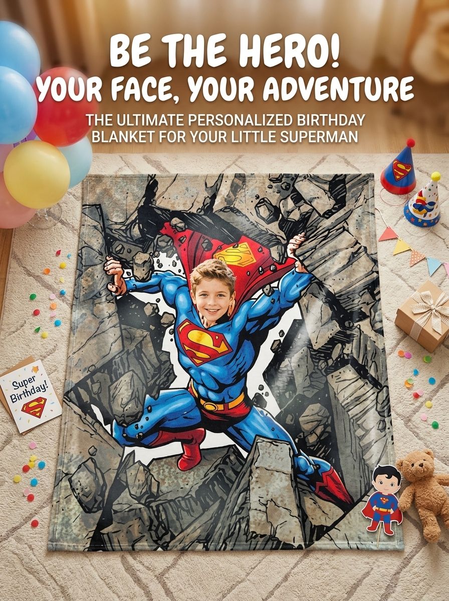 Custom Superhero Photo Face Blanket Ultra Soft Anti Pilling Flannel Throw Personalized Bed and Couch Keepsake Gift