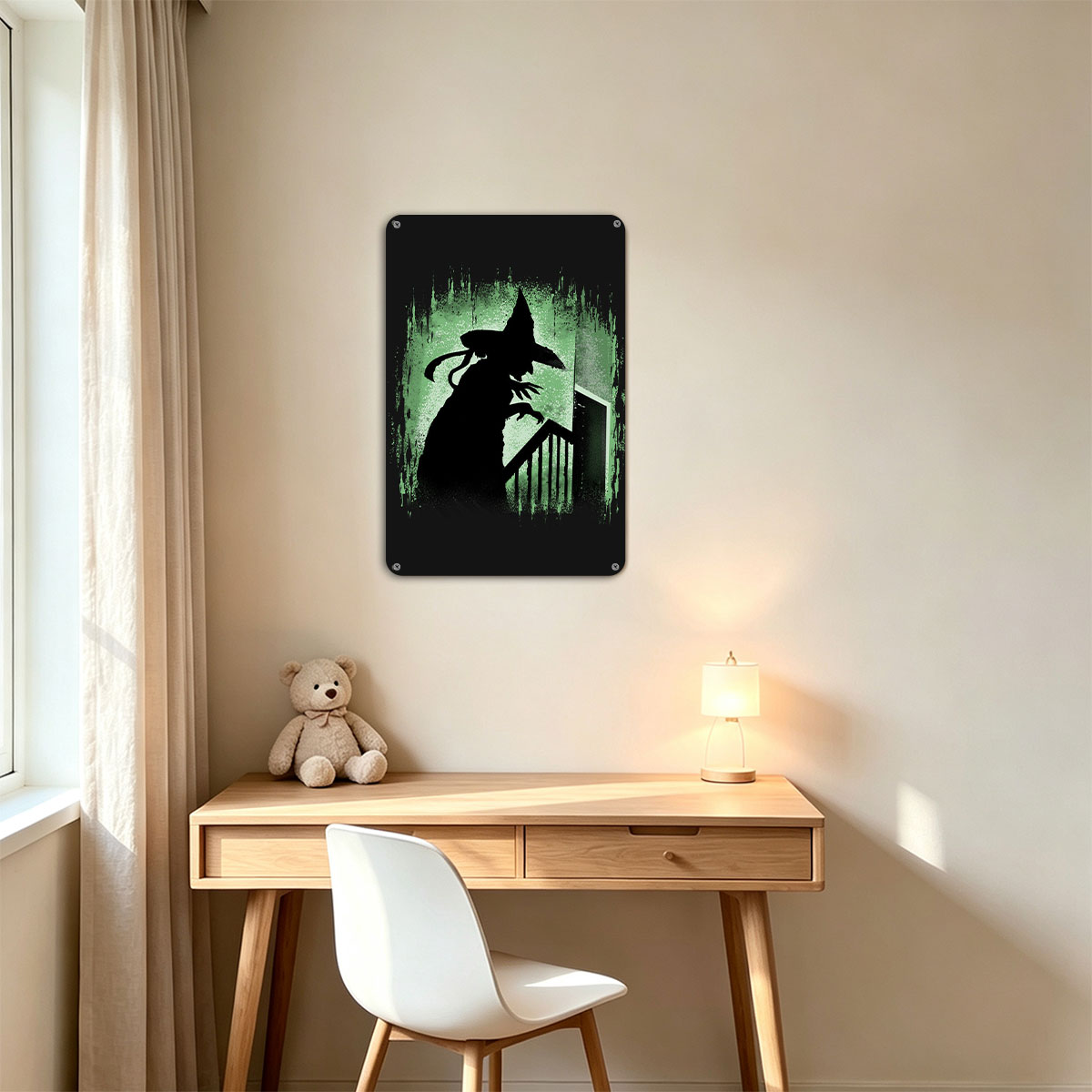 Silhouette of a Witch on Stairs in Green Glow - painting