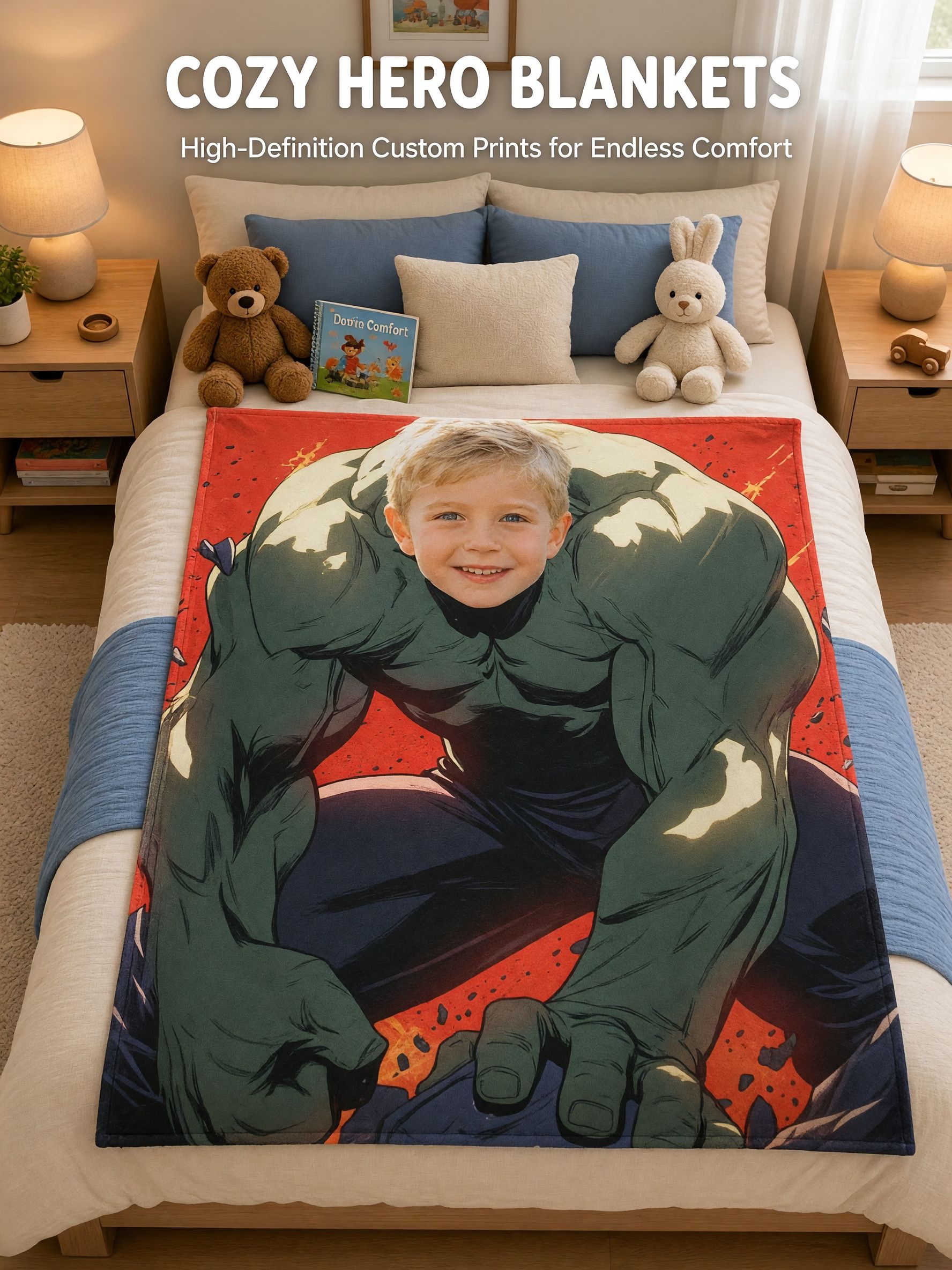 Personalized Superhero Face Photo Flannel Blanket Custom Picture Soft Anti-Pilling Throw for Kids and Adults Gift