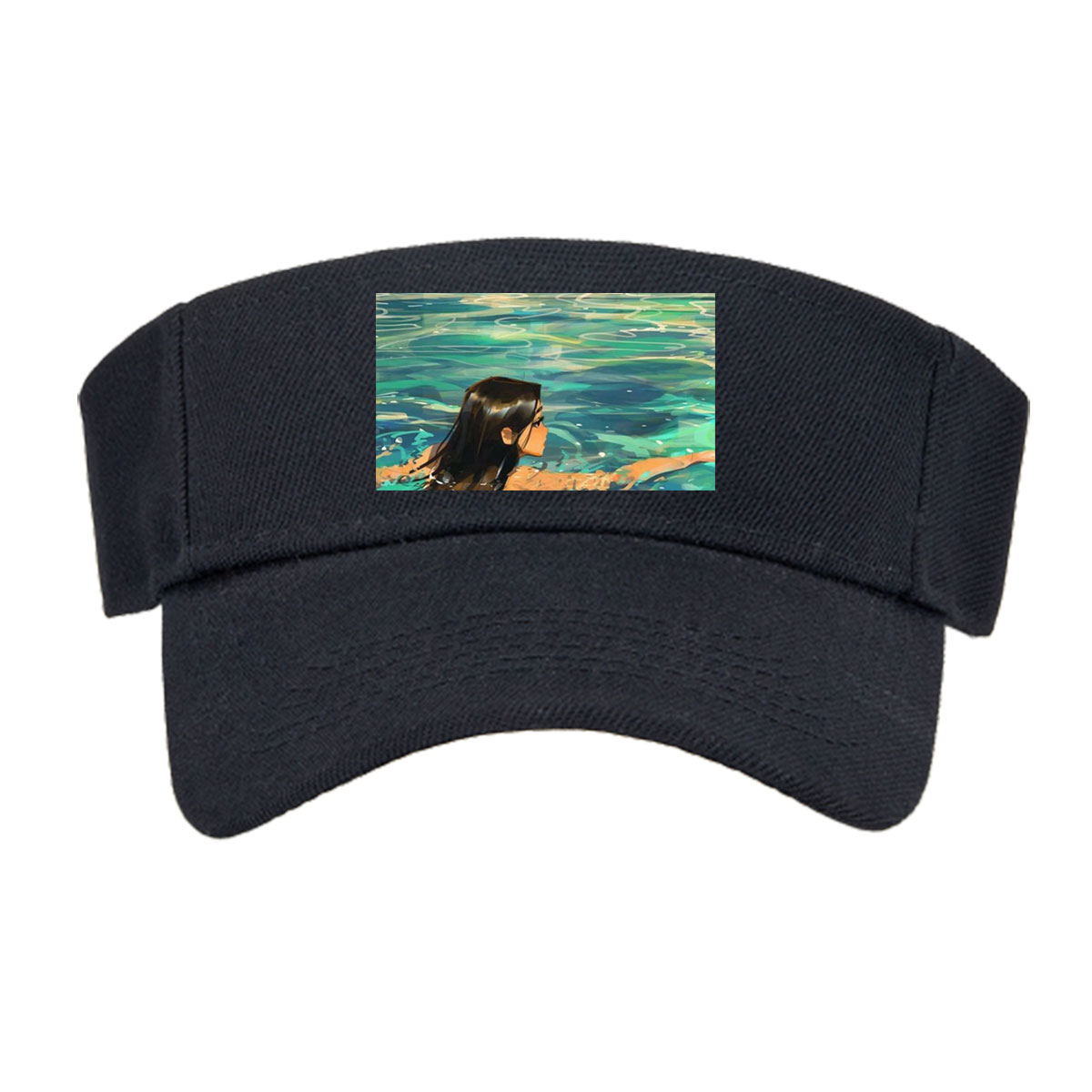 Woman swimming in clear blue water near rocky shore -  Visor cap