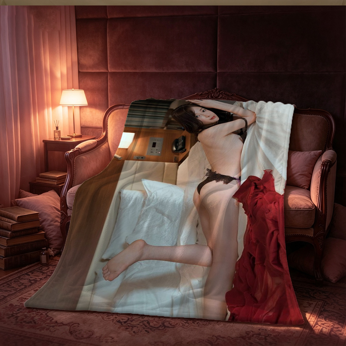 Nude Brunette in Black Garter Belt on Couch - Blanket