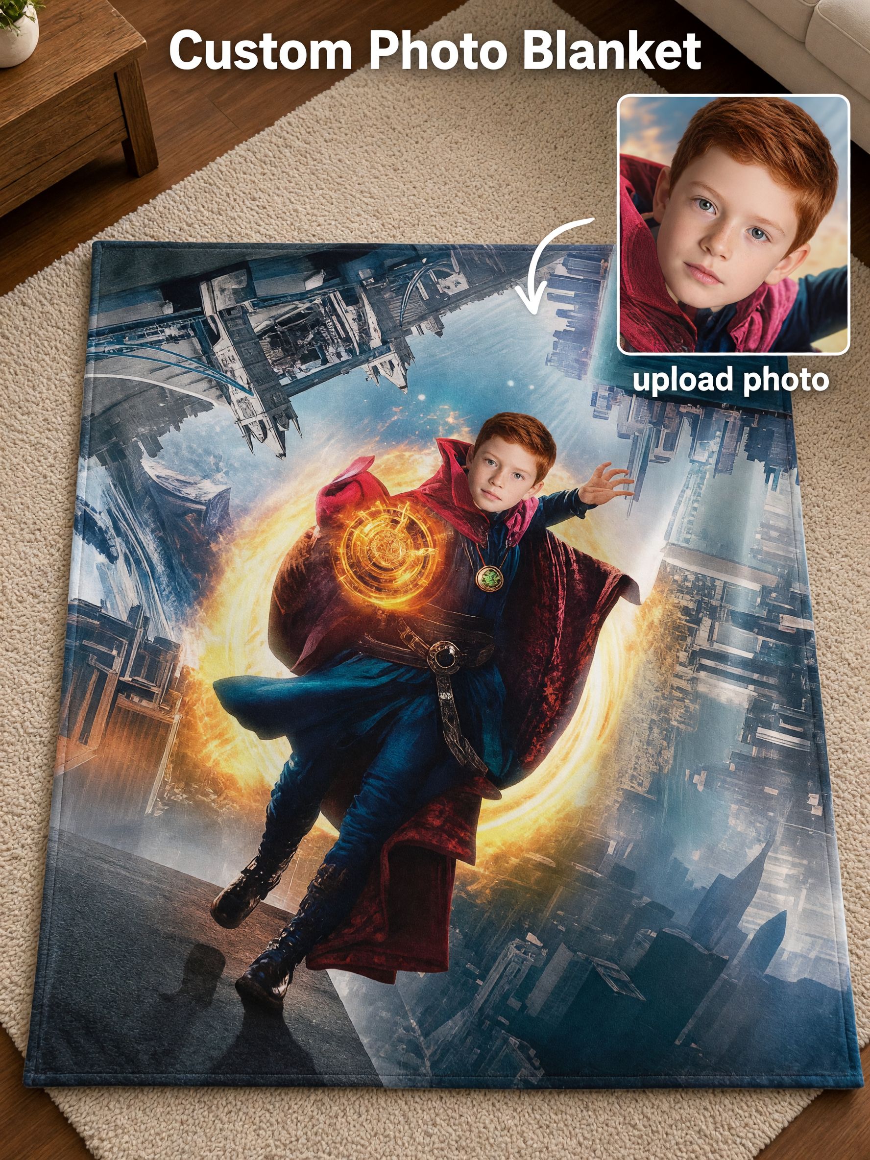 Custom Face Photo Flannel Blanket, Personalized Superhero Magic Portal Fleece Throw, Ideal Cozy Gift for Bed and Couch