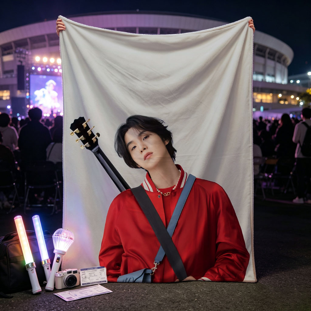 Jungkook with Guitar in Red Jacket and Blue Bag, Standing Against Gray Background - Blankets