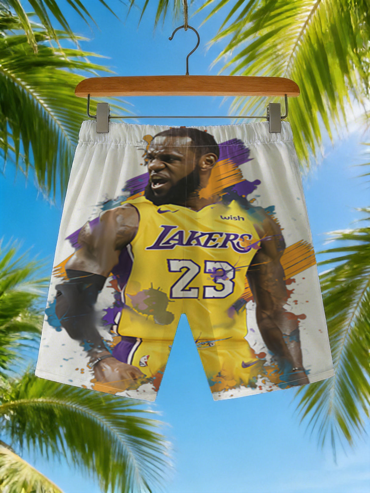 LeBron James in Lakers Jersey, Number 23, Dynamic Artwork -  Beach shorts