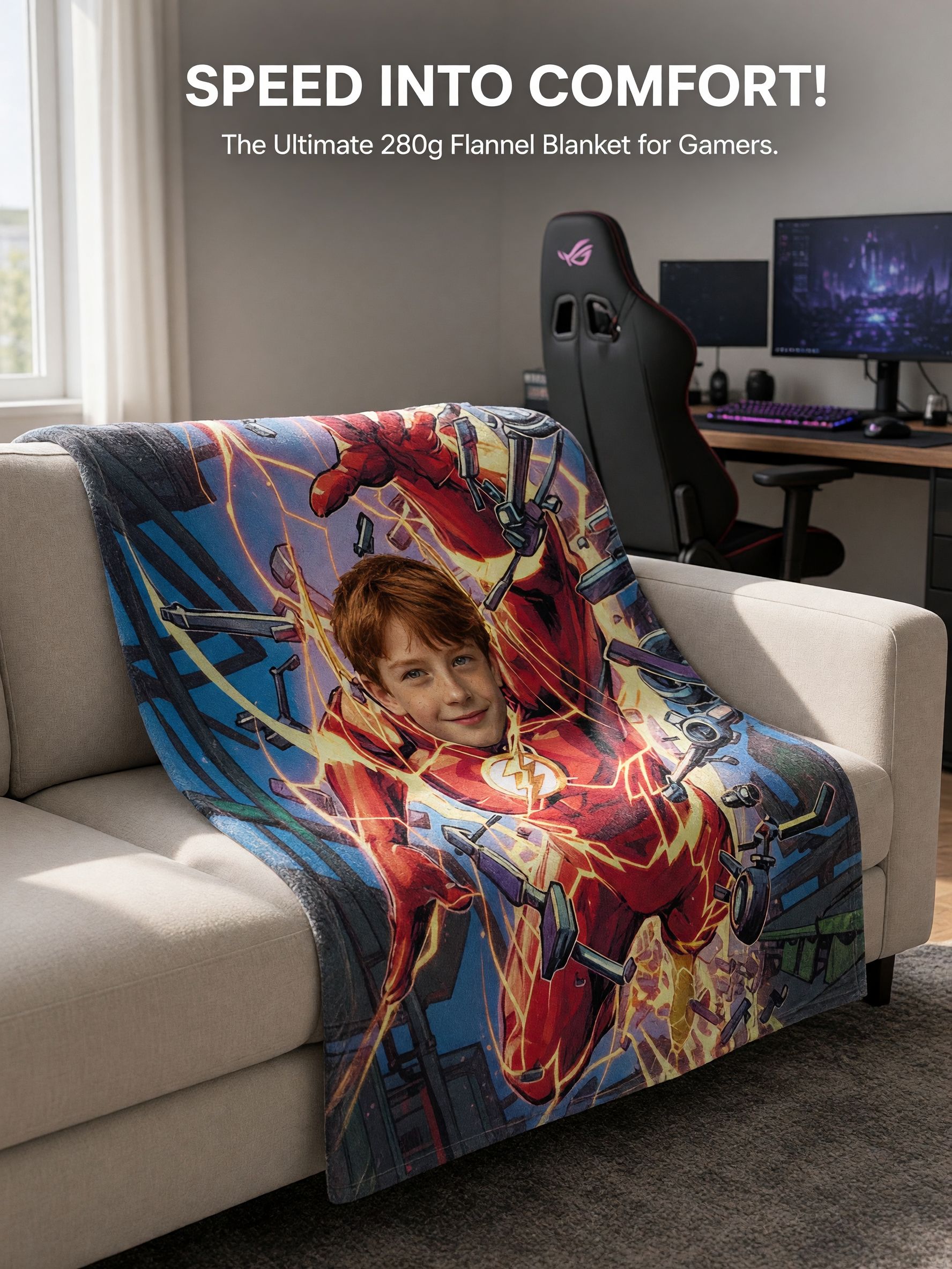 Custom Photo Face Superhero Flannel Blanket, Personalized Comic Character Cozy Throw Fleece for Kids Boys Girls, Ideal