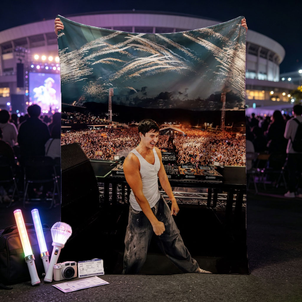 Martin Garrix Live Performance at Festival with Fireworks and Crowd in Background - Blankets