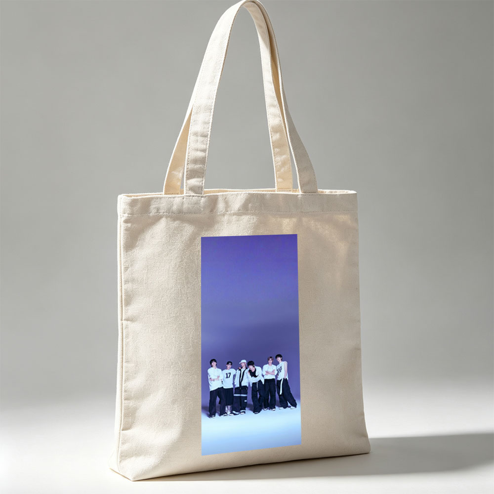 ENHYPEN Group Photo in Stylish White and Black Outfits Against a Purple Gradient Background - Canvas tote bags