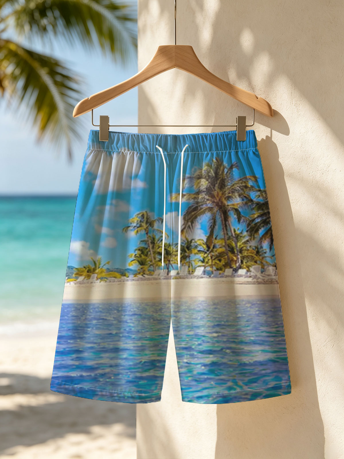 Sunny beach with palm trees and clear blue water -  Beach shorts