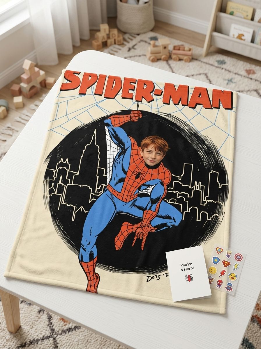 Personalized Face Photo Superhero Flannel Fleece Blanket Custom Comic Character Throw for Kids Cozy Birthday Gift