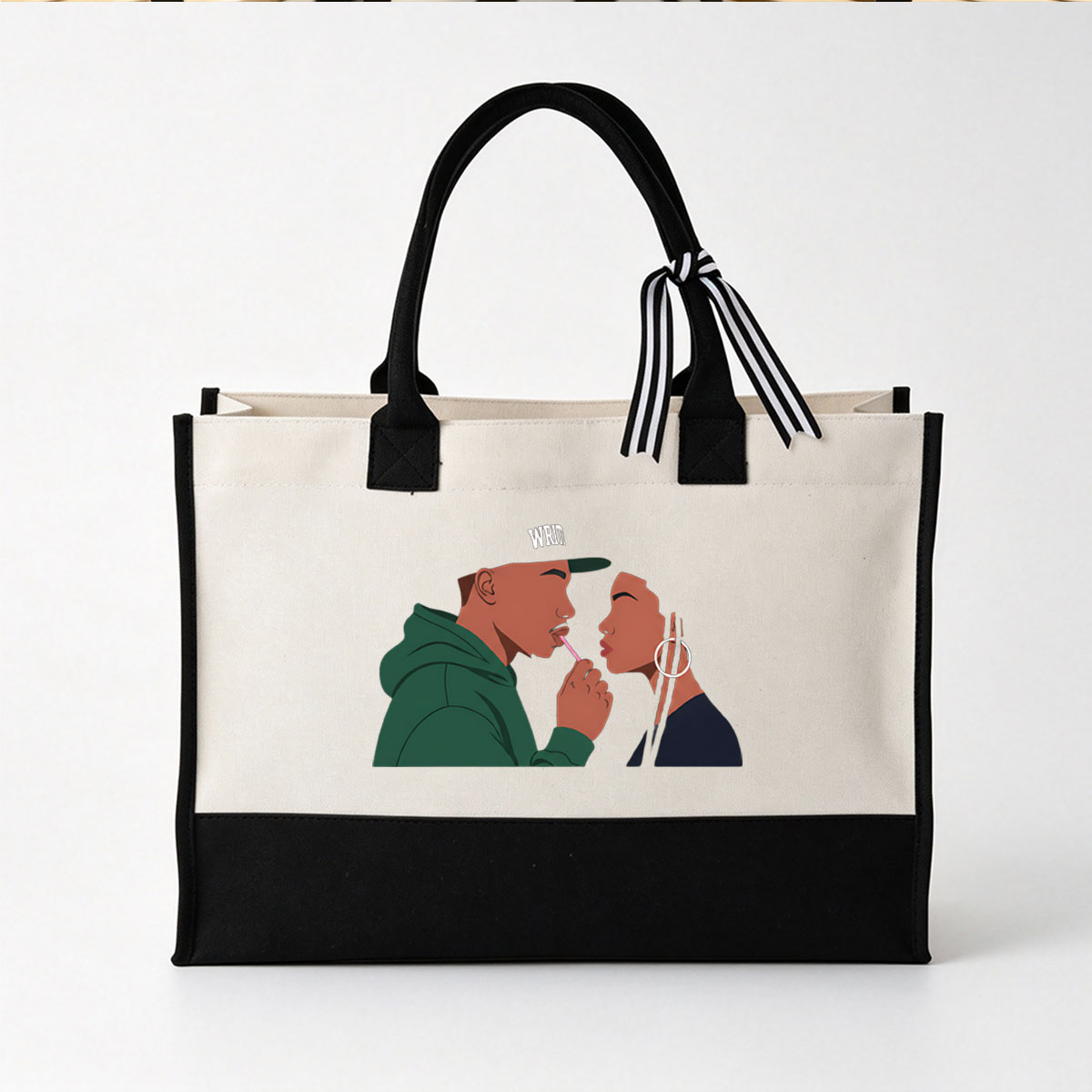 Couple Sharing a Lollipop in Intimate Moment - Canvas patchwork gift tote bag