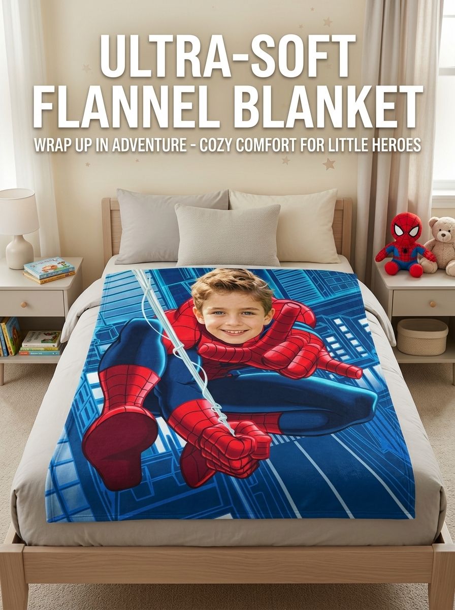 Custom Face Superhero Flannel Blanket, Personalized Photo Throw for Kids and Adults, Cozy Ultra-Soft Fleece Gift